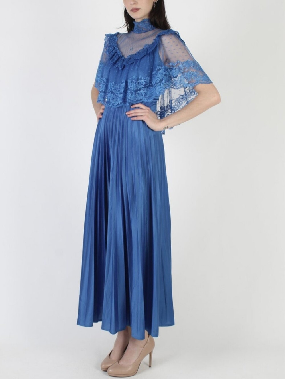 Vintage 70s Royal Blue Lace Capelet Maxi Dress Sheer Dotted Illusion Pleated